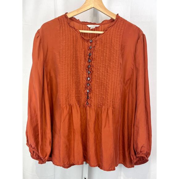 GARNET HILL Pintucked Silk Blouse Henley Button Bishop Sleeve Orange Size 16 - Picture 11 of 11